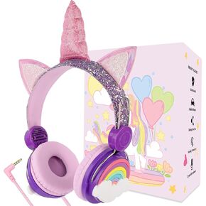 Kids Rainbow Headphones with Microphone for School,Unicorns Gifts for Girls Children Birthday,On Over Ear Wired Headset with 3.5mm Jack/HD Sound/Kindle/Tablet/PC Online Study (H-Purple)