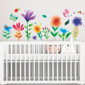 Watercolor Flower Wall Stickers - Kids Baby Boys Girls Toddler Garden Preschool Floral Wall Decals - Nursery Playroom Classroom Daycare Bedroom Home Wall Decor
