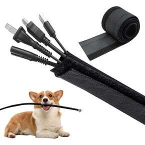 6.6Ft - 7/8" Cord Protector from Pets No Chew Hook and Loop Fasterner Nylon Waterproof Braided Sleeving for Home, Automotive, Audio Wire Loom Protector - Black
