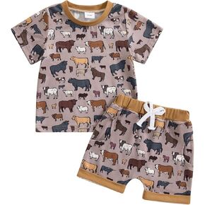 Western Baby Boy Summer Clothes Cow Horse Print Short Sleeve T-Shirt Shorts Set Toddler Country Cowboy Outfits