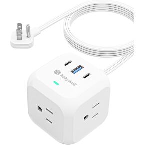 Power Strip Cube with USB Ports, 900 Joules Surge Protection, 5 ft flat Plug Extension Cord, 3 AC Outlet 3 USB Ports(2 USB C), Desk Charging Station for Home Office Travel, White