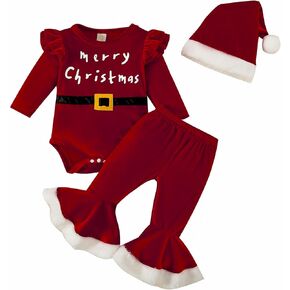 My First Christmas Newborn Baby Girl Long Sleeve Romper Christmas Hat Bell Bottoms Outfit