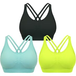 DREAM SLIM Womens 3 Pack Cross Back Strappy Sports Bra Comfort Medium Impact Bralette Wireless Yoga Workout Bras