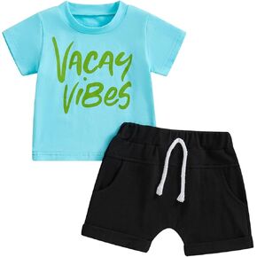 Kids Toddler Baby Boys Girls Summer Vacation Outfit Vacay Vibes T-shirt and Solid Shorts Clothes Set