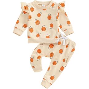 Baby Girl Halloween Outfits Toddler Pumpkin Outfit Ruffle Long Sleeve Sweatshirt Top Pant Sets Fall Clothes