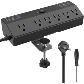40W Fast Charging Desk Clamp Power Strip 2 PD USB C Desk Charging Station,10FT Desk Extension Cord Flat Plug with 6 AC/6 USB,Fararaka Removable Desk Surge Protector Power Strip Fits 1.8" Tabletop Edge