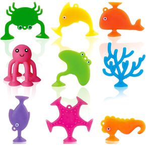 Suction Bath Toys for Kids, 9 PCS Silicone Ocean Animal Suction Cup Toys, Mold Free No Hole Bathtub Toy, Sensory Window Building Toy Gifts for Toddler Children kids Over 1 Years