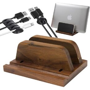 Vertical Laptop Stand Wood, Wooden Adjustable Laptop Holder Desk, Walnut, 2 Slot, Double, Upright Laptop Holder, MacBook Stand, Dock, Desktop Organizer, Fits MacBook, Other Laptops, Phone