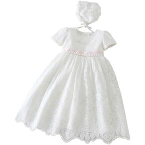 Baby Girls Embroidered Empire Waist Christening Gown Baptism Dress with Bonnet