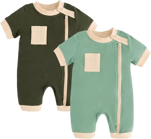 Volunboy Newborn Summer Clothes Unisex Baby Boy Girl 2 Pack Rompers Short Sleeve Two Way Zipper One-piece Jumpsuits Bodysuits in Saudi Arabia