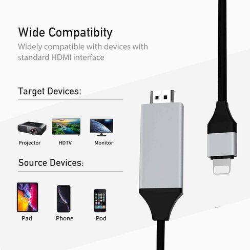 [معتمد من Apple MFi] محول كابل Lightning إلى HDMI لأجهزة iPhone، موصل سلك HDTV محول Lightning رقمي 1080P متوافق مع iPhone/iPad إلى شاشة عرض التلفزيون لا حاجة إلى مصدر طاقة - 6.6 قدم in Kuwait