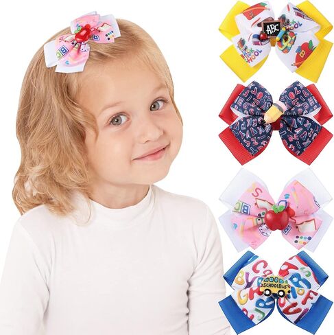 4 Pcs Back to School Hair Bows Alligator Clips for Girls Gift Ribbon Hair Barrettes Accessories Clips for Bows Car Crayon Kids Barrettes for School Kindergarten Large Hair Bow Clips(Fresh Style) in Saudi Arabia
