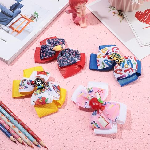 4 Pcs Back to School Hair Bows Alligator Clips for Girls Gift Ribbon Hair Barrettes Accessories Clips for Bows Car Crayon Kids Barrettes for School Kindergarten Large Hair Bow Clips(Fresh Style) in Saudi Arabia