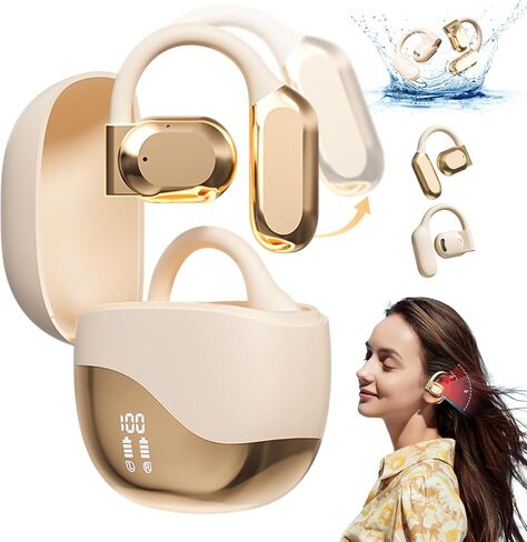 Open Ear Headphones, Earbuds with Ear Hooks, Wireless Earbuds with LED Display, Open Ear Earbuds Wireless Bluetooth, Running Headphones Ultra-Clear Sound Quality, Design for Running Fitness(Beige) in Saudi Arabia