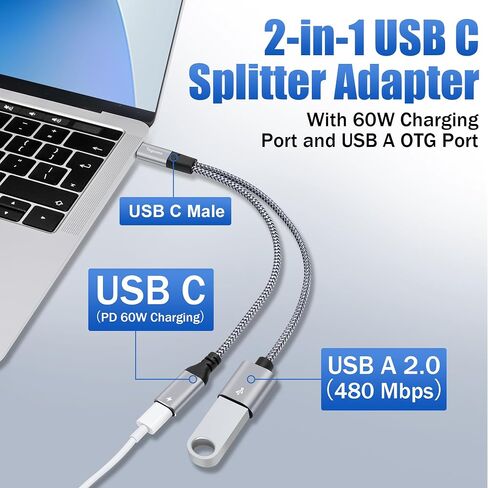 محول USB C إلى USB OTG وكابل Y مقسم شاحن PD، 2 في 1 USB من النوع C إلى منفذ OTG أنثى USB وكابل شحن سريع PD 60 وات لهاتف iPhone 15/15 Pro Max وMacBook Pro Air وGalaxy S24 وPixel 7 in Saudi Arabia