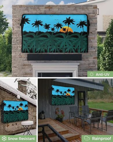 غطاء تلفزيون خارجي - نباتات شجرة جوز الهند وطيور النورس عند غروب الشمس مقاوم للماء ومقاوم للطقس مقاس 60 بوصة - 65 بوصة واقي شاشة تلفزيون LCD متحرك أغطية تلفزيون خارجية in Kuwait