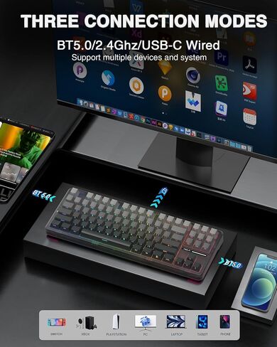 AULA F75 Pro Wireless Mechanical Keyboard,75% Hot Swappable Custom Keyboard with Knob,RGB Backlit,Pre-lubed Reaper Switches,Side Printed PBT Keycaps,2.4GHz/USB-C/BT5.0 Mechanical Gaming Keyboards in Kuwait