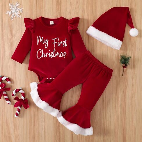 زي عيد الميلاد الأول للفتيات حديثي الولادة بأكمام طويلة وقبعة عيد الميلاد وقبعة الجرس in Kuwait