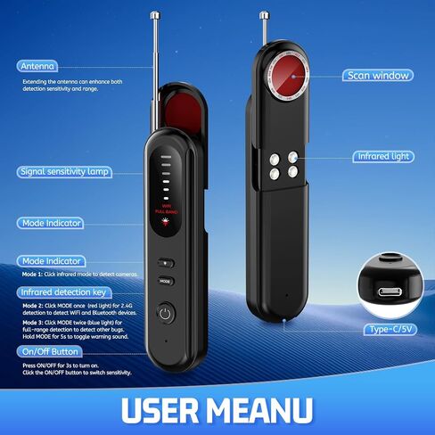 Hidden Camera Detector Spy Camera Finder,Bed Bug Hidden Camera Detectors For Hotels,RF Detectors For Travel,Listening GPS Tracking/Tracker Device Detector For Car,5 Levels Sensitivity 3 Modes(Black) in Saudi Arabia