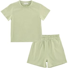 Toddler Baby Boys Girls Summer Clothes Set - Cotton Solid Plain Short Sleeve T-Shirt Tops + Shorts Cute Outfits Set