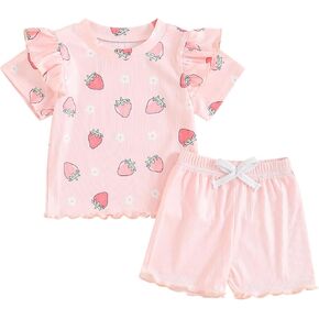 Newborn Baby Girl Clothes Summer Daisy Ruffle Sleeve T Shirt and Shorts Strawberry Print Cute Girl Clothing Set