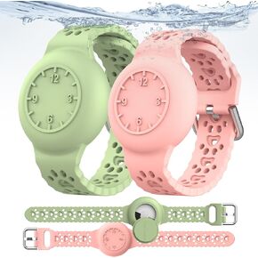 DDJ AirTag Holder for kids 2-Pack, Waterproof Airtag Bracelet for kids, Soft Silicone Air Tag Wristband with Dog Paw Cutout Design, Lightweight, Compatible with Apple AirTag Case (Pink/green)