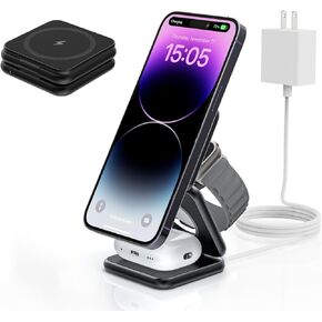 X40 Foldable Magnetic Wireless Charger, 3-in-1 Charging Station for Apple Devices, Portable 15W Fast Charging Stand for iPhone 15 14 13 12 Pro Max & Apple Watch, AirPods - Black