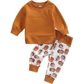 BULINGNA Toddler Baby Boy Girl Long Sleeve Sweatshirt Pullover Tops Pumpkin Print Long Pants Fall Thanksgiving Outfit Clothes