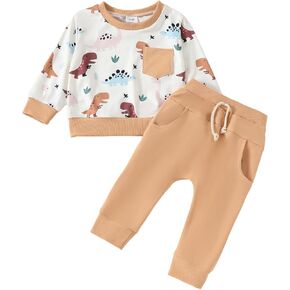 Douhoow Baby Boy 2Pcs Fall Outfits Long Sleeve Dinosaur Print Sweatshirt + Pants Set Toddler Clothes