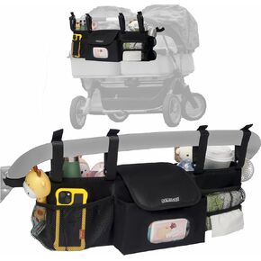Double Stroller Organizer Compatible with BOB Duallie and Baby Jogger City Mini GT2 Double Stroller, Double Baby Stroller Accessories with 2 Cooler Pockets , Black(Empty Bag)
