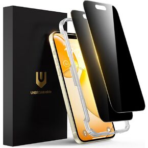UNBREAKcable Privacy Screen Protector for iPhone 15, Full Coverage Shatterproof Tempered Glass [Edge to Edge] [True 28°Anti Spy] [Easy Installation Frame] Black Protector for iPhone 15-2 Pack