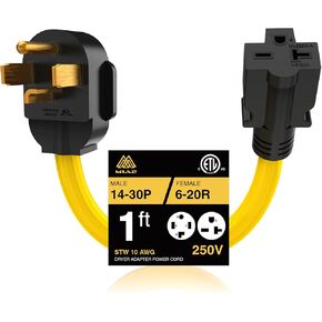 NEMA 14-30 to NEMA 6-20/6-15 Cord Adapter, STW 10 AWG, 3 Prong Dryer Adapter, 125V/250V, 30A to 20A/15A - Durable, Heavy-Duty Adapter for EV Charging 1FT