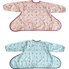 Tidy Tot - 2 Pack Cover & Catch Baby Bibs - Mess Proof Long Sleeve Feeding Smock with Food Catcher Pocket - Waterproof Bib