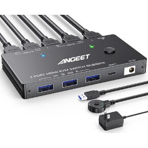 8K HDMI KVM Switch 2 Port 8K@60Hz 4K@120Hz,ANGEET USB 3.0 KVM Switch for 2 Computers Share 1 Monitor and 3 USB Devices,HDCP 2.3, HDR 10,with Wired Remote,12V Power Adapter and 2 USB3.0 Cables
