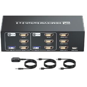 8K/60Hz USB 3.0 Three Monitor HDMI KVM Switch, 4K120Hz HDMI KVM Switcher 3 Monitors 2 Computers for 2 PC Share 3 Monitors and 1 Set of Keyboard Mouse and Other USB Devices