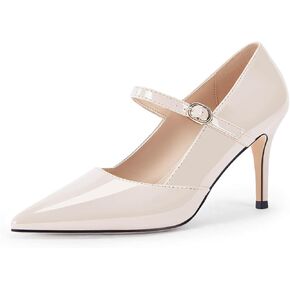 Coutgo Womens Mary Jane Pumps Stiletto High Heels Closed Pointed Toe Buckle Strap Patent Leather Dress Wedding Party Shoes