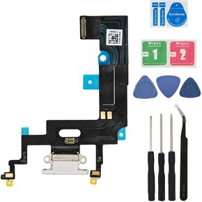 Replacement Charging Port USB Dock Connector Assembly Flex Cable with Tool Kit LCD Adhesive Tape for iPhone XR 6.1 Inch White