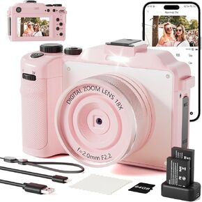 4K Digital Camera for Photography 64MP Autofocus Vlogging WiFi Camera for YouTube Video Compact Travel Vintage Point Shoot Cameras with 16X Zoom, 64GB Card, Selfie Lens, 2 Batteries+Charger(Pink)
