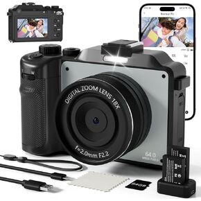 4K Digital Camera For photography, 64MP WiFi Autofoucs Vlogging Camera for Youtube, 4K Video Compact Travel Point Shoot Cameras with Flash, Selfie Lens, 64GB Card, 18X Zoom, 2 Batteries+Charger(Black)