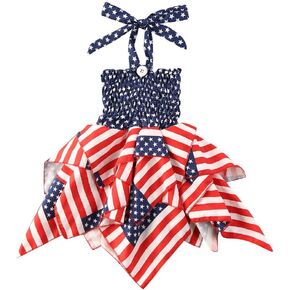 Independence Day Outfit Toddler Baby Girls Ruffle Dress 4th of July American Flag Stripe Stars Suspender Dress