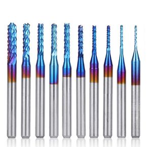 10Pcs 0.8-3 mm Nano Blue Coat End Mill CNC Router Bits, 1/8'' Shank