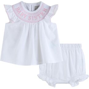 Lil cactus Baby Girls and Toddlers White 'Baby Sister' Smocked Dress and Bloomer Set