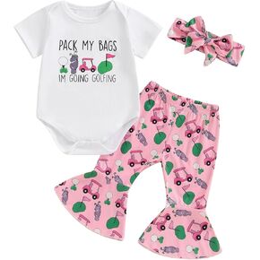 Newborn Baby Girl Golf Outfit Short Sleeve Romper Golf Cart Bell Bottoms Flare Pants Set 3Pcs Infant Summer Clothes