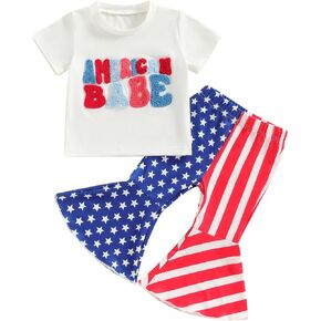 4th of July Outfits Toddler Baby Girl Fourth of July Clothes American USA Embroidery T-Shirt Flag Stripe Pants Set