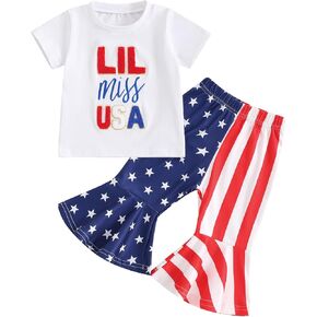 4th of July Outfits Toddler Baby Girl Fourth of July Clothes American USA Embroidery T-Shirt Flag Stripe Pants Set