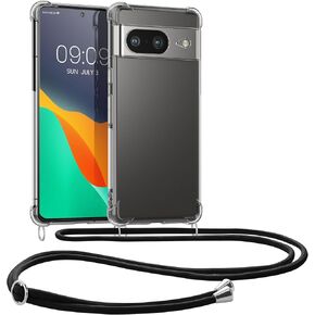 kwmobile Crossbody Case Compatible with Google Pixel 8 Case - Clear TPU Phone Cover w/Lanyard Cord Strap - Black/Transparent
