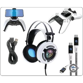 Bionik Pro Kit for Playstation 5: Powerful 50mm Gaming Headset with RGB Color, Controller Charge Base, Phone Holder, Lynx Cable & USB Cable