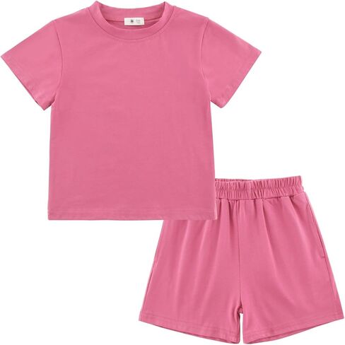 Toddler Baby Boys Girls Summer Clothes Set - Cotton Solid Plain Short Sleeve T-Shirt Tops + Shorts Cute Outfits Set in Saudi Arabia