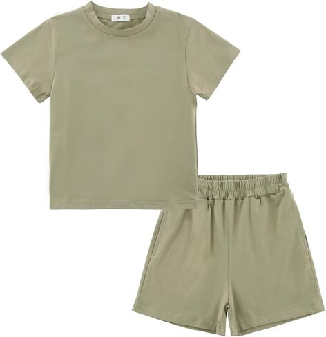 Toddler Baby Boys Girls Summer Clothes Set - Cotton Solid Plain Short Sleeve T-Shirt Tops + Shorts Cute Outfits Set in Saudi Arabia