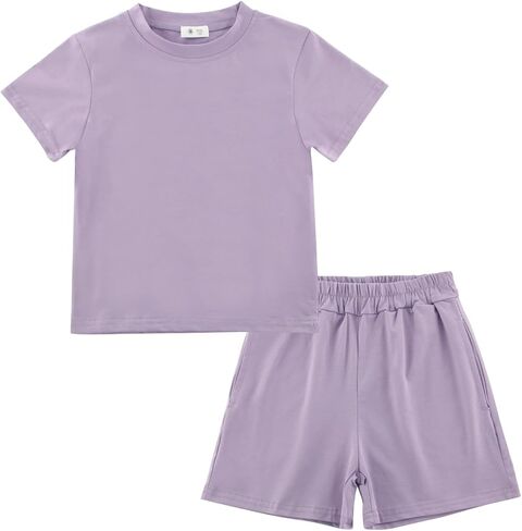Toddler Baby Boys Girls Summer Clothes Set - Cotton Solid Plain Short Sleeve T-Shirt Tops + Shorts Cute Outfits Set in Saudi Arabia